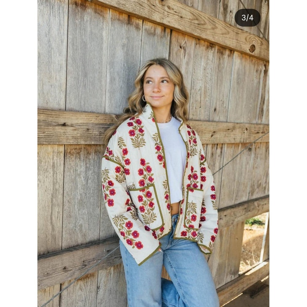 Entro Floral Quilted Jacket Cream Red Green Block Print Boho Pockets Small